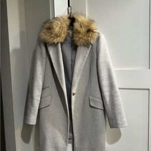 Topshop Gray Trench Coat with Tan Faux Fur Collar